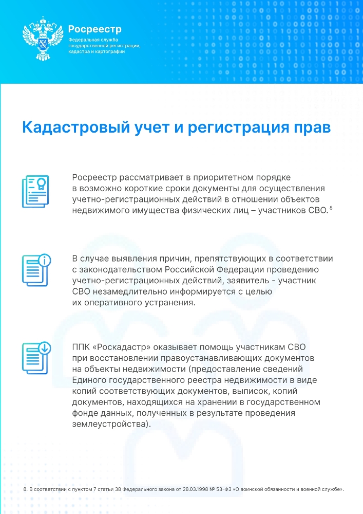 Росреестр поддерживает военнослужащих (ветеранов) - участников СВО и членов их семей в установленной сфере деятельности